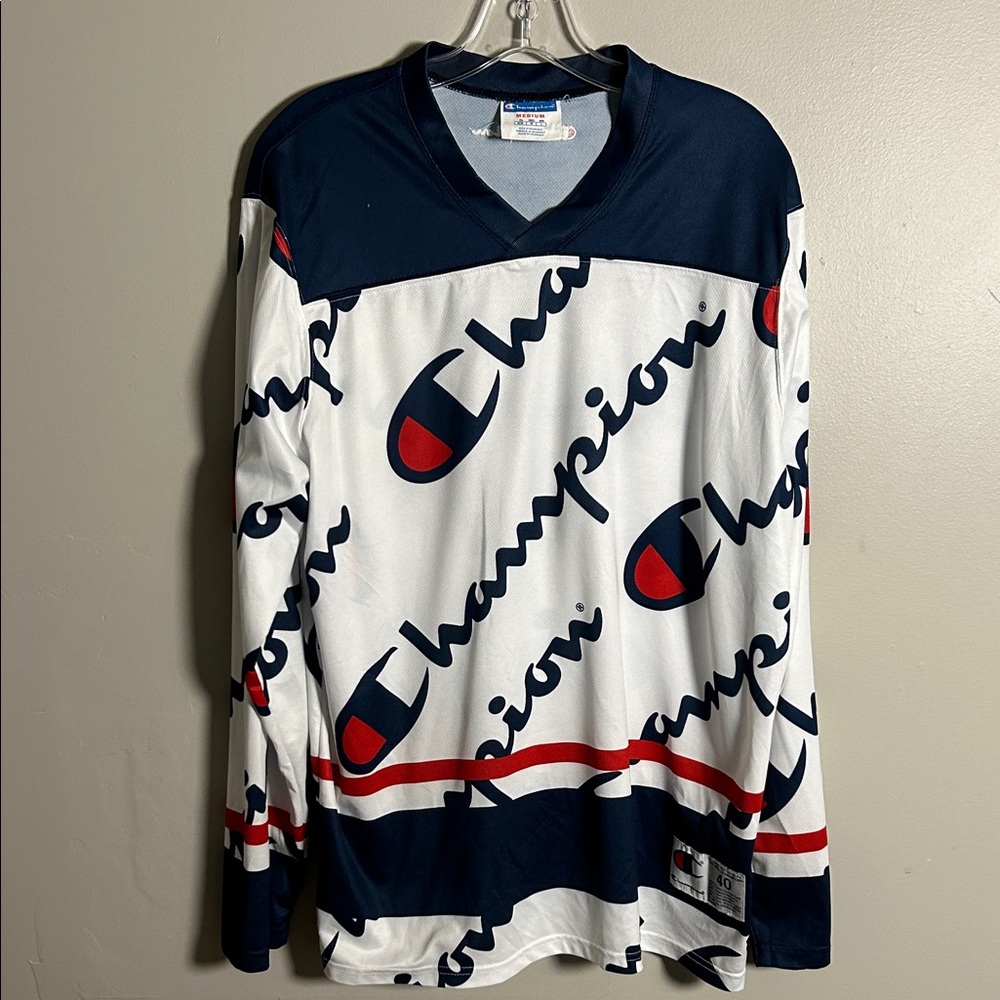 Retro Champion Hockey Jersey All Over Print Long Sleeve Y2K Men’s Size 40(Med) - Picture 1 of 13